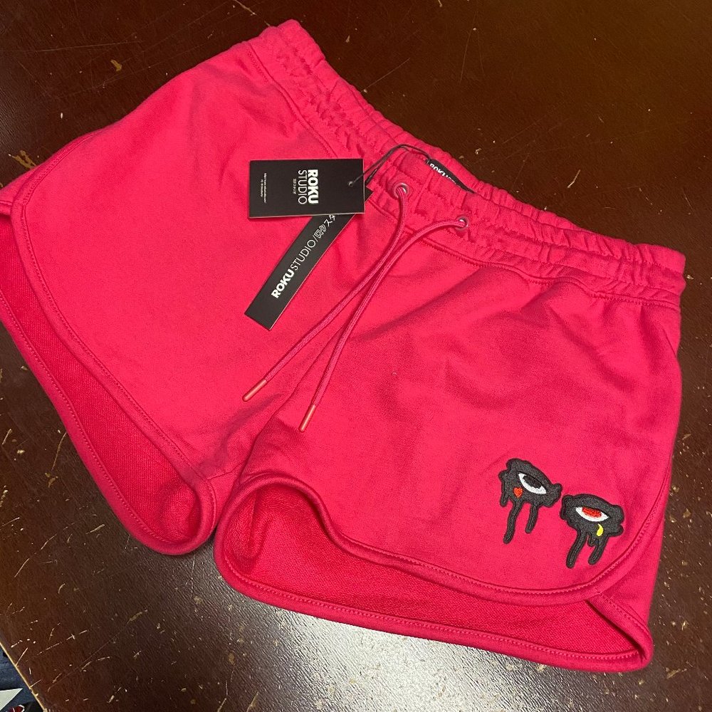 Rokustudio Womens Pink Embroidered Drawstring Athletic Activewear Shorts Size XL